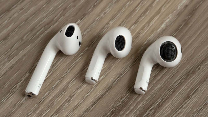 The AirPods 2nd Generation (left) compared to the AirPods 3rd Generation (center) and the discontinued AirPods Pro with the silicone tip removed (right). - Photo: Andrew Liszewski | Gizmodo