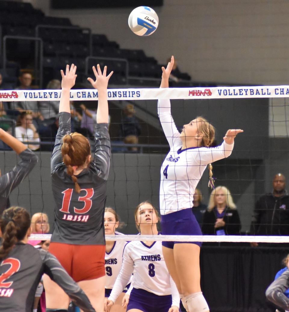 Athens Kamryn Parlin looks for a tip versus Mt. Pleasant Sacred Heart in the D4 State Finals on Saturday