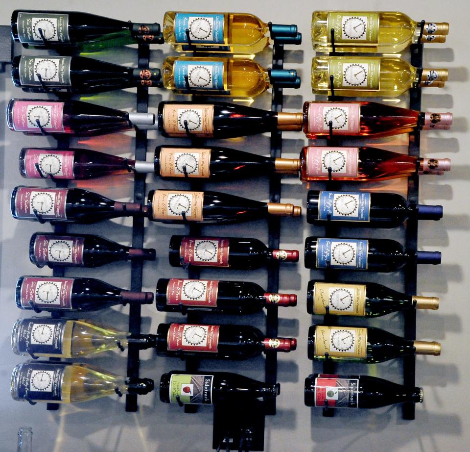 A wine rack at Lincoln Way Vineyards, showing several of the wines offered through the winery. Founder Jim Borton said the winery offers a total of 11 wines, several hard ciders and some sparkling wines.