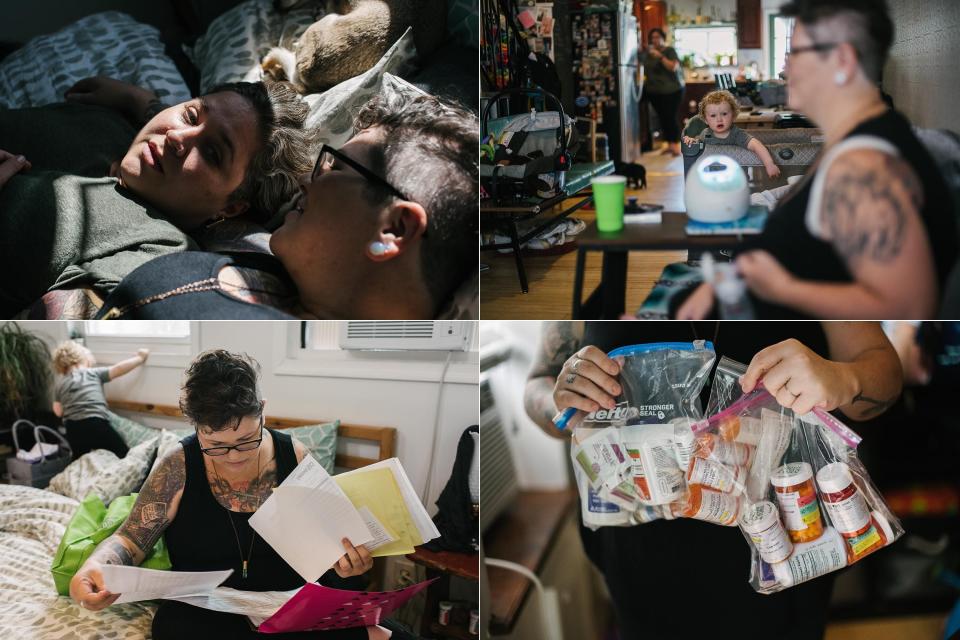 Top left:&nbsp;Fel and Des rest in their room at home. Top right:&nbsp;Gus watches Des pump milk. Bottom left:&nbsp;Des looks through her IVF insurance papers. Bottom right:&nbsp;Des holds bags of remaining IVF medication and supplements. (Photo: Hannah Yoon for HuffPost)