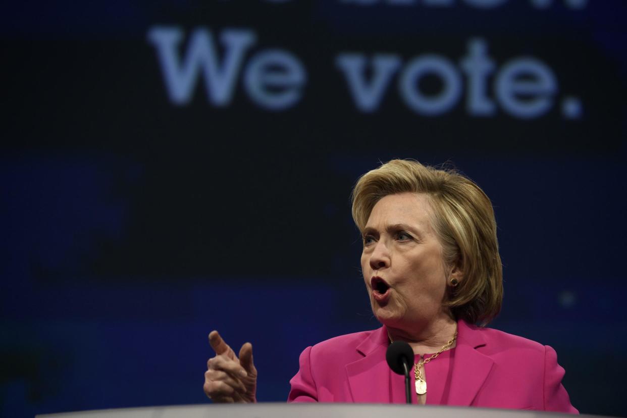 Hillary Clinton speaks to the audience at the annual convention of the American Federation of Teachers: Jeff Swensen/Getty Images