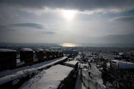 A view from the Byzantine-era Heptapyrgion castle following a snowfall in Thessaloniki, Greece, January 5, 2019. REUTERS/Alexandros Avramidis