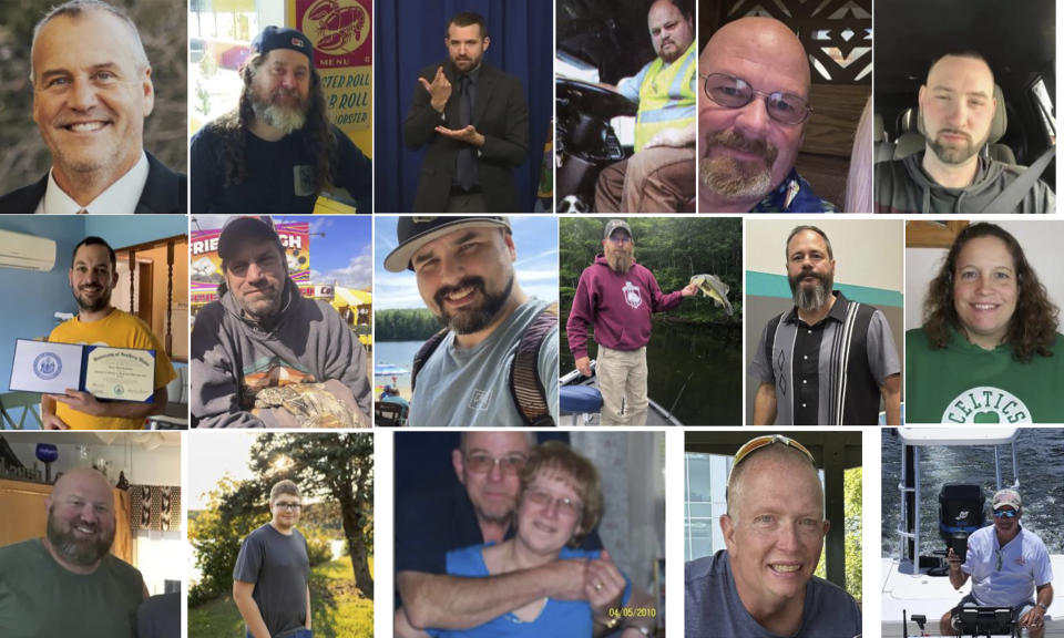 These photos provided by the Maine Department of Public Safety shows victims of the Maine Shooting, Top from left, Ronald G. Morin, Peyton Brewer-Ross, Joshua A. Seal, Bryan M. MacFarlane, Joseph Lawrence Walker, Arthur Fred Strout. Second row from left, Maxx A. Hathaway, Stephen M. Vozzella, Thomas Ryan Conrad, Michael R. Deslauiers II, Jason Adam, Tricia C. Asselin. Third Row from left, William A. Young, Aaron Young, Robert E. Violette and Lucille M. Violette, William Frank, Keith D. Macneir. (Maine Department of Public Safety via AP)