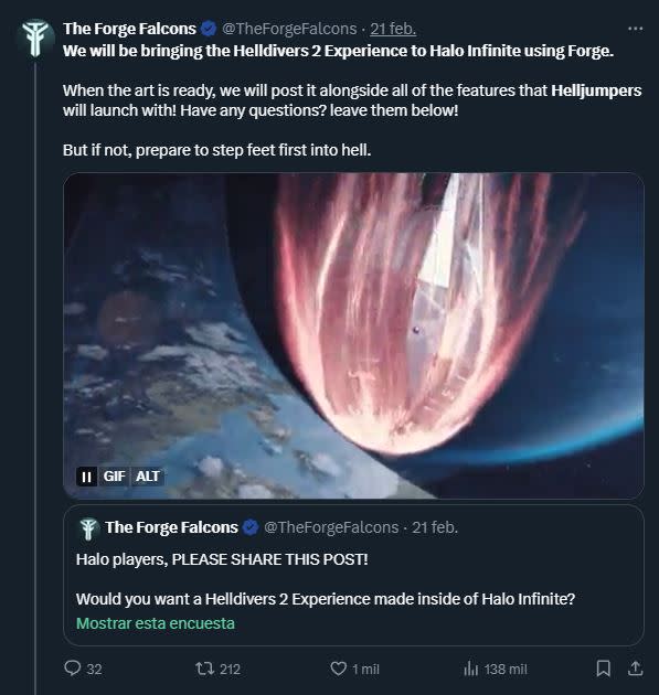 Grupo de fans planea llevar la acción de Helldivers 2 a Halo Infinite con Forge