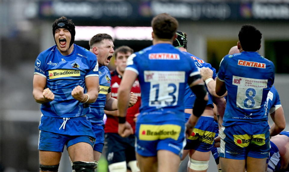 Exeter , United Kingdom - 17 December 2023; Dafydd Jenkins of Exeter Chiefs celebrates winning a scrum penalty during the Investec Champions Cup Pool 3 Round 2 match between Exeter Chiefs and Munster at Sandy Park in Exeter, England. (Photo By Brendan Moran/Sportsfile via Getty Images)