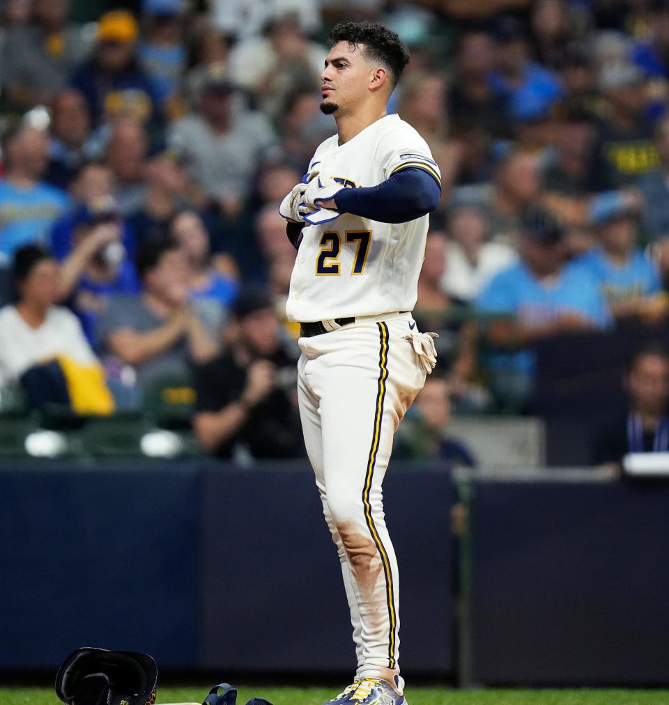 Milwaukee Brewers shortstop Willy Adames (27) reacts to striking out swinging during the sixth inning of Game 2 of the NL wild-card playoff series against the Arizona Diamondbacks on Wednesday October 4, 2023 at American Family Field in Milwaukee, Wis.
