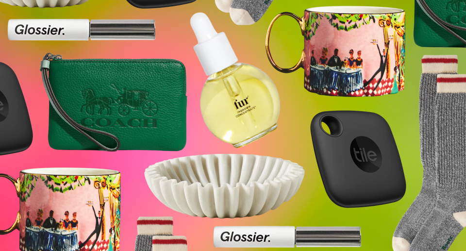 collage of stocking stuffers, roots socks, tile tracker, coffee mug, tray, glossier boy brow, coach wristlet