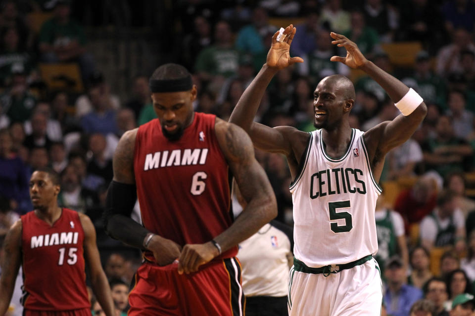 BOSTON, MA - JUNE 07: Kevin Garnett #5 of the Boston Celtics reacts in the second half against LeBron James #6 of the Miami Heat in Game Six of the Eastern Conference Finals in the 2012 NBA Playoffs on June 7, 2012 at TD Garden in Boston, Massachusetts. NOTE TO USER: User expressly acknowledges and agrees that, by downloading and or using this photograph, User is consenting to the terms and conditions of the Getty Images License Agreement. (Photo by Jim Rogash/Getty Images)