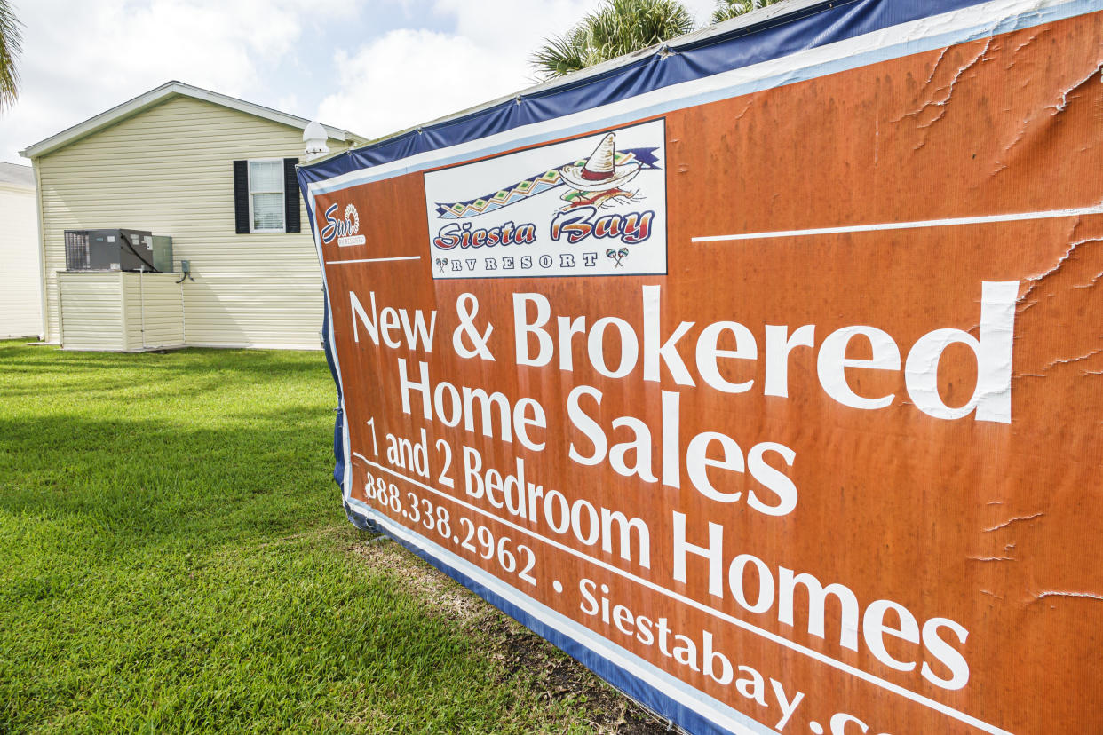 Fort Myers Florida, Siesta Bay RV Resort, New and brokered home sales sign. (Photo by: Jeffrey Greenberg/Universal Images Group via Getty Images)