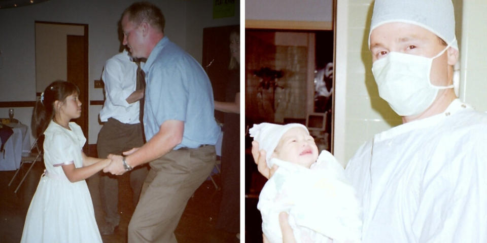 Kenney dancing with his daughter when she was younger. On the right, he's pictured with her in the delivery room. (Photo: Rob Kenney   )