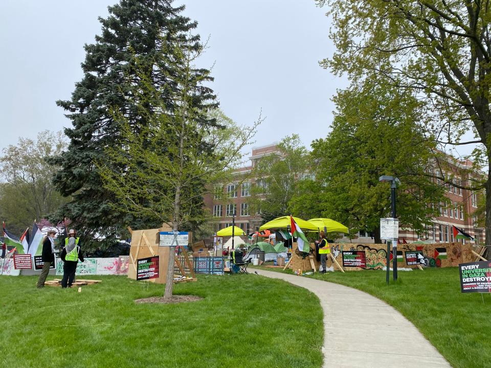 The pro-Palestinian encampment at the University of Wisconsin-Milwaukee was quiet Saturday morning with few people visible among the tents.
