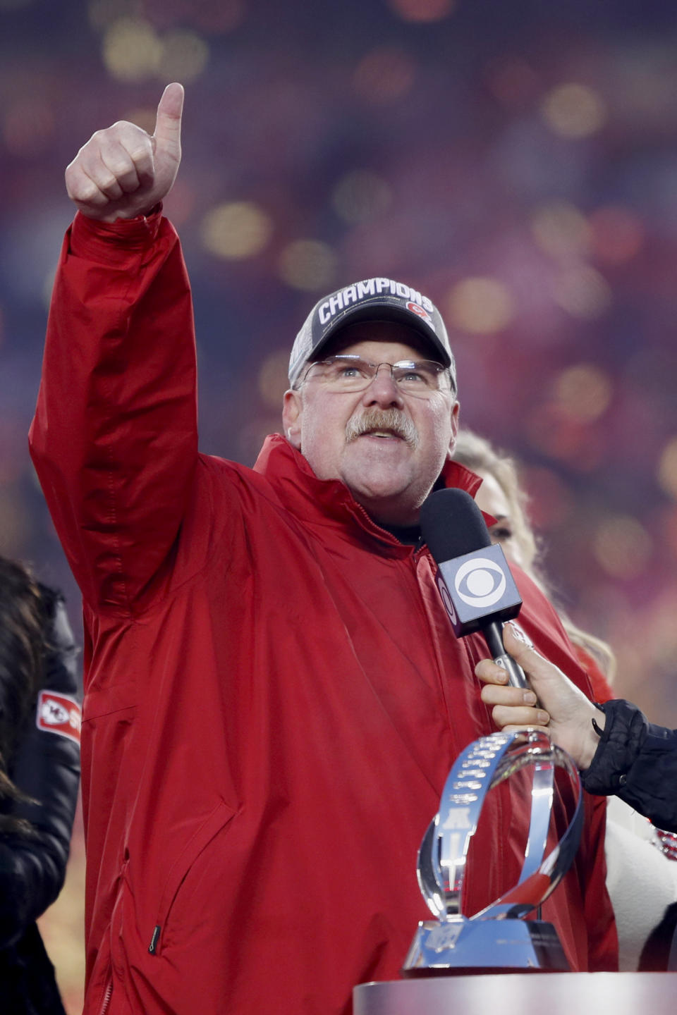 Kansas City Chiefs head coach Andy Reid reacts after winning the NFL AFC Championship football game against the Tennessee Titans Sunday, Jan. 19, 2020, in Kansas City, MO. The Chiefs won 35-24 to advance to Super Bowl 54. (AP Photo/Charlie Neibergall)