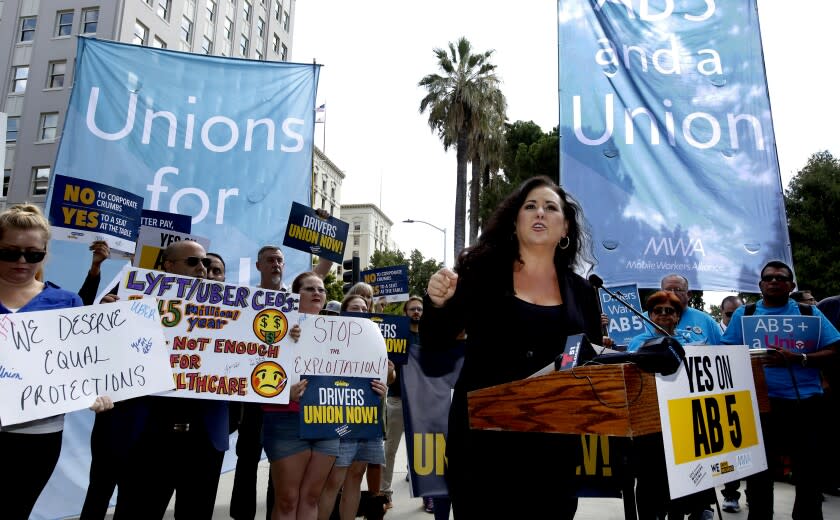 Assemblywoman Lorena Gonzalez, D-San Diego, speaks at rally