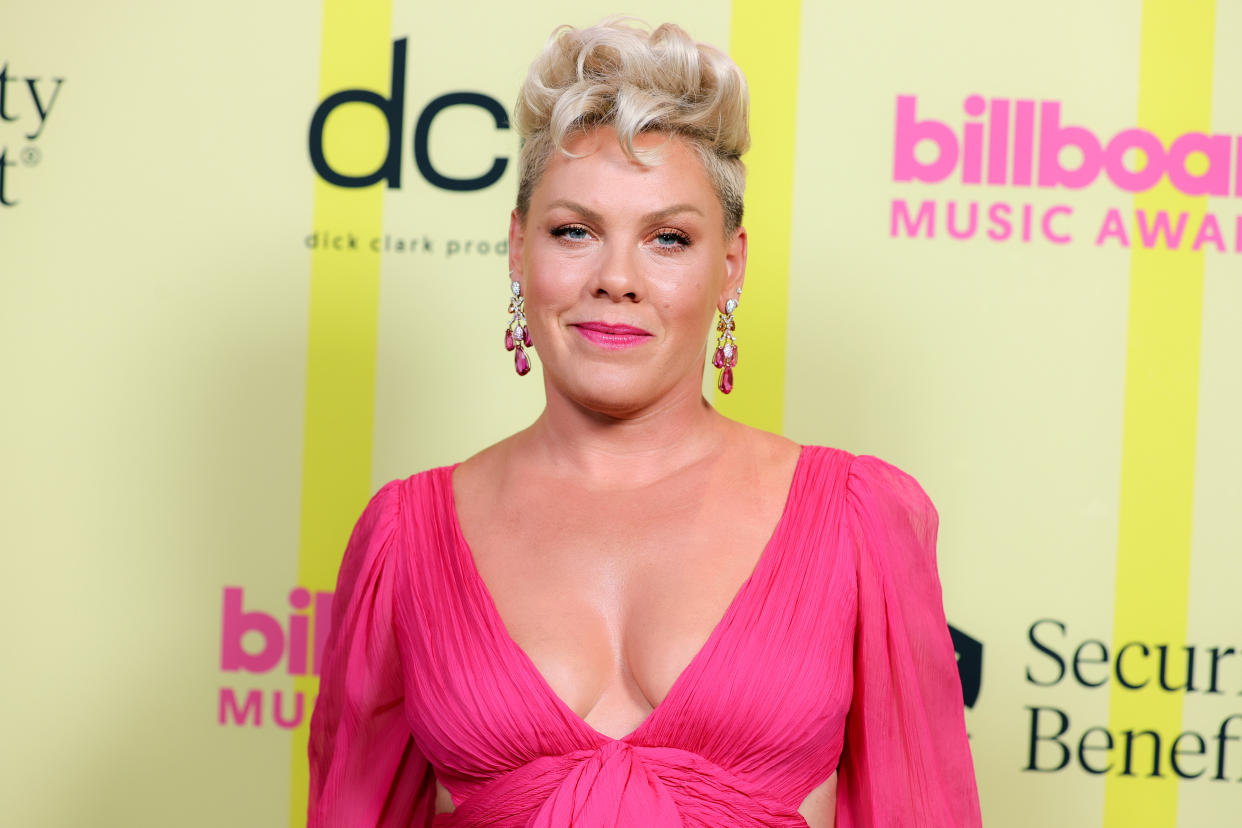 Singer Pink, photographed at the 2021 Billboard Music Awards, has said she isn't letting her daughter, 10, have a mobile phone yet. (Getty Images) 