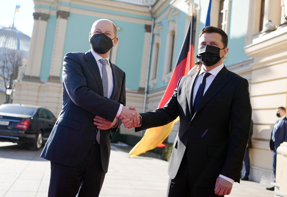 German Chancellor Olaf Scholz, left, is received at St. Mary's Palace by Volodymyr Zelenskyy, President of Ukraine, in Kyiv, Ukraine, February 14, 2022. / Credit: Kay Nietfeld/picture alliance/Getty