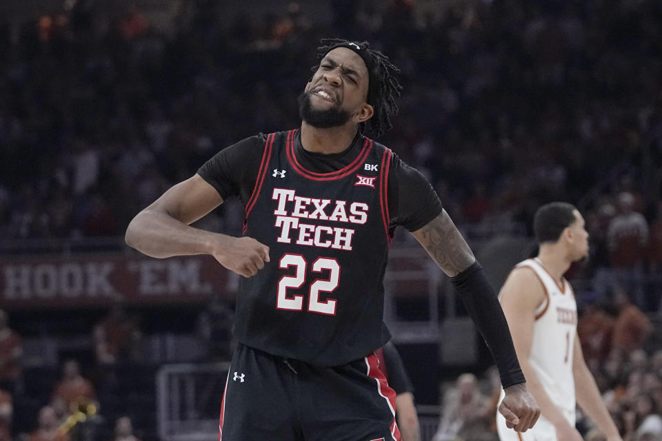 Texas Tech forward Warren Washington (22) celebrates after a score against Texas during the second half of an NCAA college basketball game in Austin, Texas, Saturday, Jan. 6, 2024. (AP Photo/Eric Gay)