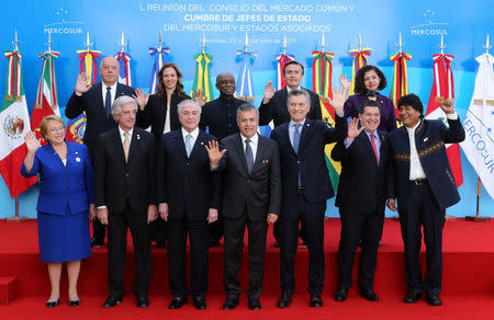 Chile's President Michelle Bachelet, Uruguay's President Tabare Vazquez, Brazil's President Michel Temer, Mendoza's Governor Alfredo Cornejo, Argentina's President Mauricio Macri, Paraguay's President Horacio Cartes and Bolivia's President Evo Morales (front row, L-R) alongside Peru's Ambassador to the Asia-Pacific Economic Cooperation (APEC) Luis Quesada, Colombia's Commerce, Industry and Tourism Minister Maria Claudia Lacouture, Guyana's Foreign Minister Carl Greenidge, Ecuador's head of the delegation Diego Rivadeneira Espinoza and Mexico's Ambassador in Argentina Mabel Gomez Oliver (L-R) pose for the official photo at the Mercosur trade bloc summit in Mendoza, Argentina July 21, 2017. REUTERS/Marcos Brindicci