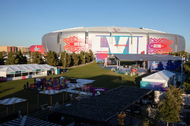 State Farm stadium is covered with decals ahead of Super Bowl LVII in Glendale