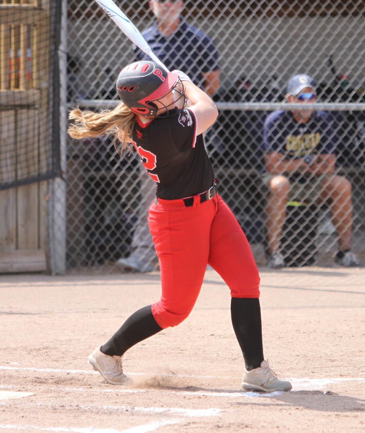 Mackenzie Burns of Pinckney leads Livingston County in batting average, home runs, runs batted in and doubles.