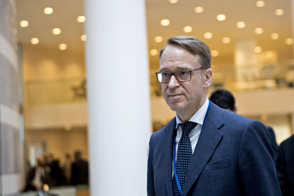 Jens Weidmann, president of the Deutsche Bundesbank, arrives to a Group of 20 (G-20) finance ministers and central bank governors meeting on the sidelines of the spring meetings of the International Monetary Fund (IMF) and World Bank in Washington, D.C., U.S., on Friday, April 20, 2018. The IMF said this week the world’s debt load has ballooned to a record $164 trillion, a trend that could make it harder for countries to respond to the next recession and pay off debts if financing conditions tighten. Photographer: Andrew Harrer/Bloomberg