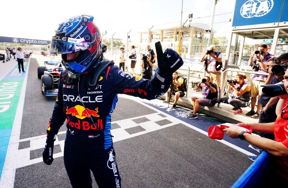 May 4, 2024; Miami Gardens, Florida, USA; Red Bull Racing driver Max Verstappen (1) after qualifying P1 for the Miami Grand Prix at Miami International Autodrome. Mandatory Credit: John David Mercer-USA TODAY Sports