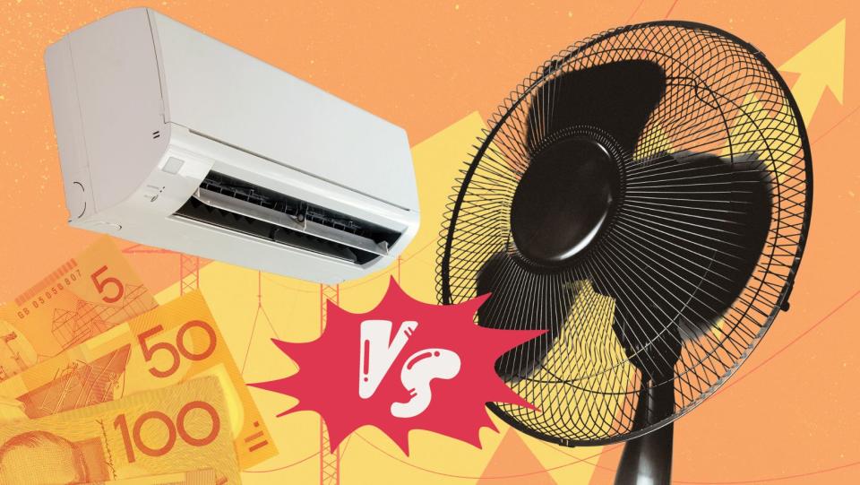 A fan and an air conditioner ready for a fight with a background showing bill prices are rising. 