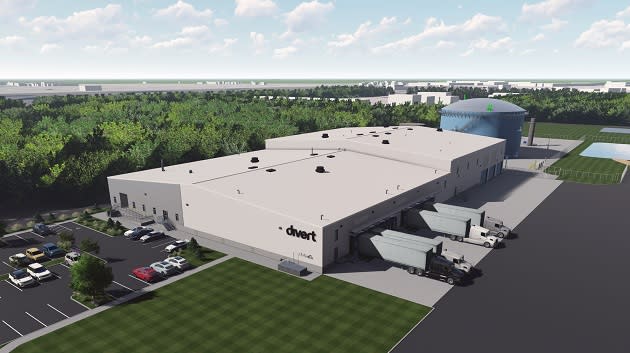 Artist's rendition of the Divert facility in Longview, WA, expected to enter service by the end of 2024, which will convert 100,000 tons of wasted food through the use of digesters into carbon-negative renewable natural gas.