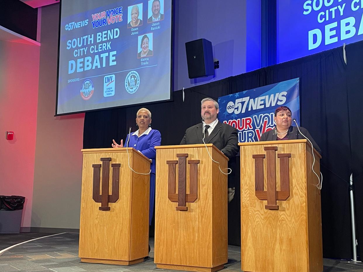 South Bend City Clerk Dawn Jones, left, speaks during a debate against her competitors for the Democratic bid in the May 2 primary election. Jones is challenged by Jason Banicki, center, and Bianca Tirado. Republican Tina Wilson will face the winner in the fall general election.