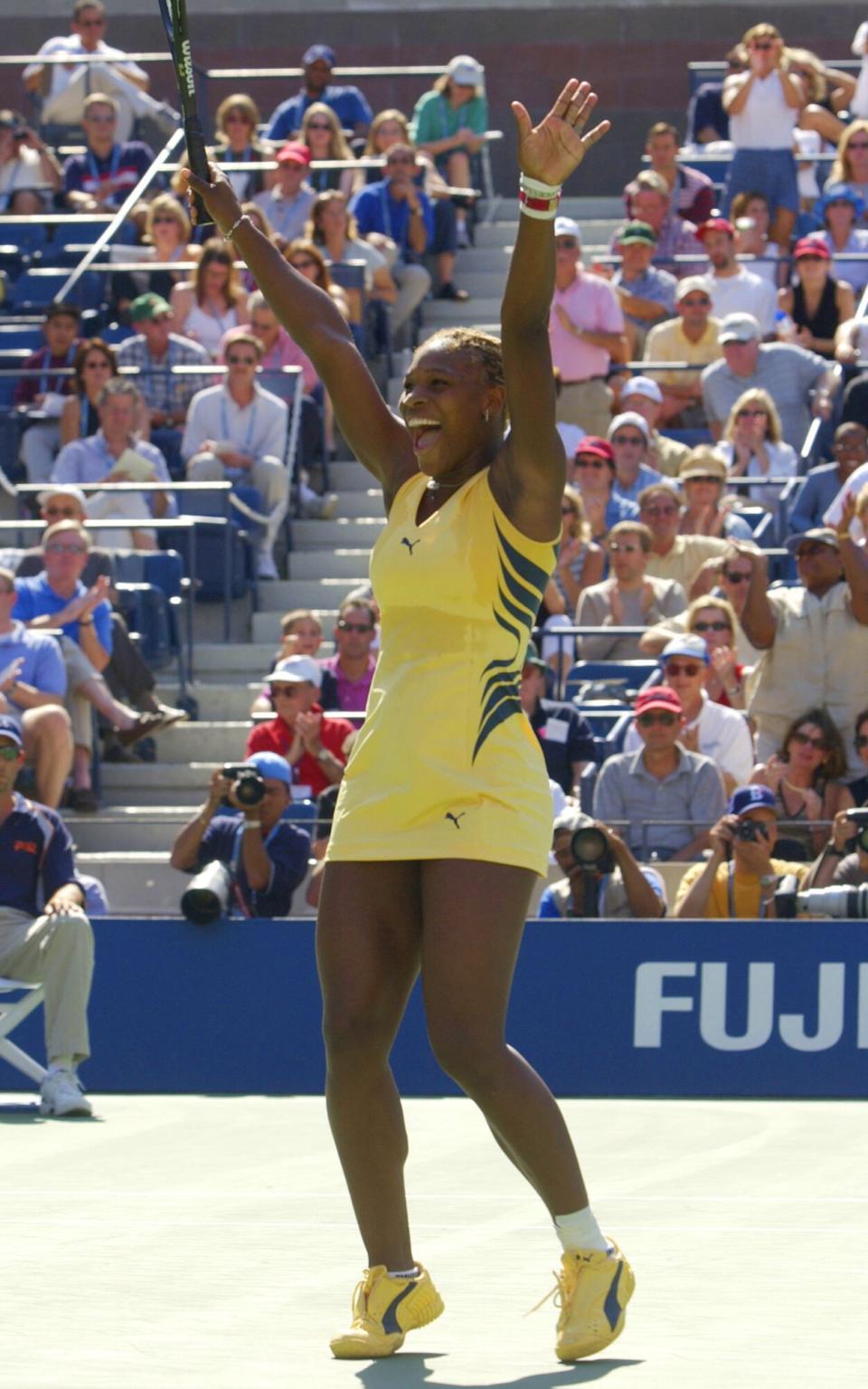 Serena Williams celebrates her win over Martina Hingis of Switzerland after the semifinals of the US Open at USTA National Tennis Center in Flushing, New York. Williams beat Hingis 6-3, 6-2