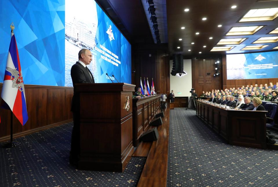 Russian President Vladimir Putin makes an address during a meeting in the Russian Defense Ministry's headquarters in Moscow, Russia, Tuesday, Dec. 18, 2018. Putin said that new Russian weapons have no foreign equivalents, helping ensure the nation's security for decades to come. (Mikhail Klimentyev, Sputnik, Kremlin Pool Photo via AP)