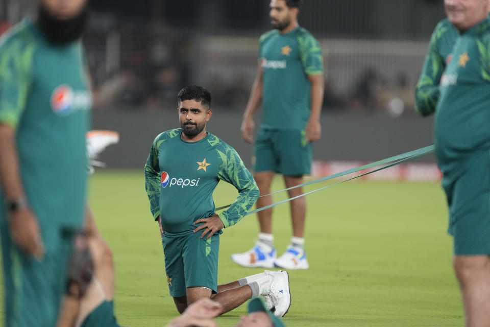 Pakistan's captain Babar Azam attends a practice session ahead of their ICC Cricket World Cup match against India in Ahmedabad, India, Thursday, Oct. 12, 2023. India and Pakistan will play their World Cup match in Ahmedabad on Saturday. (AP Photo/Ajit Solanki)