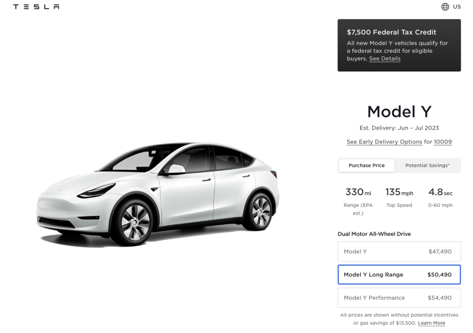 Stránka objednávky Tesla US Model Y k 5