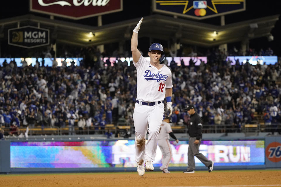 Los Angeles Dodgers' Will Smith runs the bases after he hit a two-run home run during the eighth inning of Game 4 of the baseball team's National League Division Series against the San Francisco Giants, Tuesday, Oct. 12, 2021, in Los Angeles. The Dodgers won 7-2. (AP Photo/Marcio Jose Sanchez)