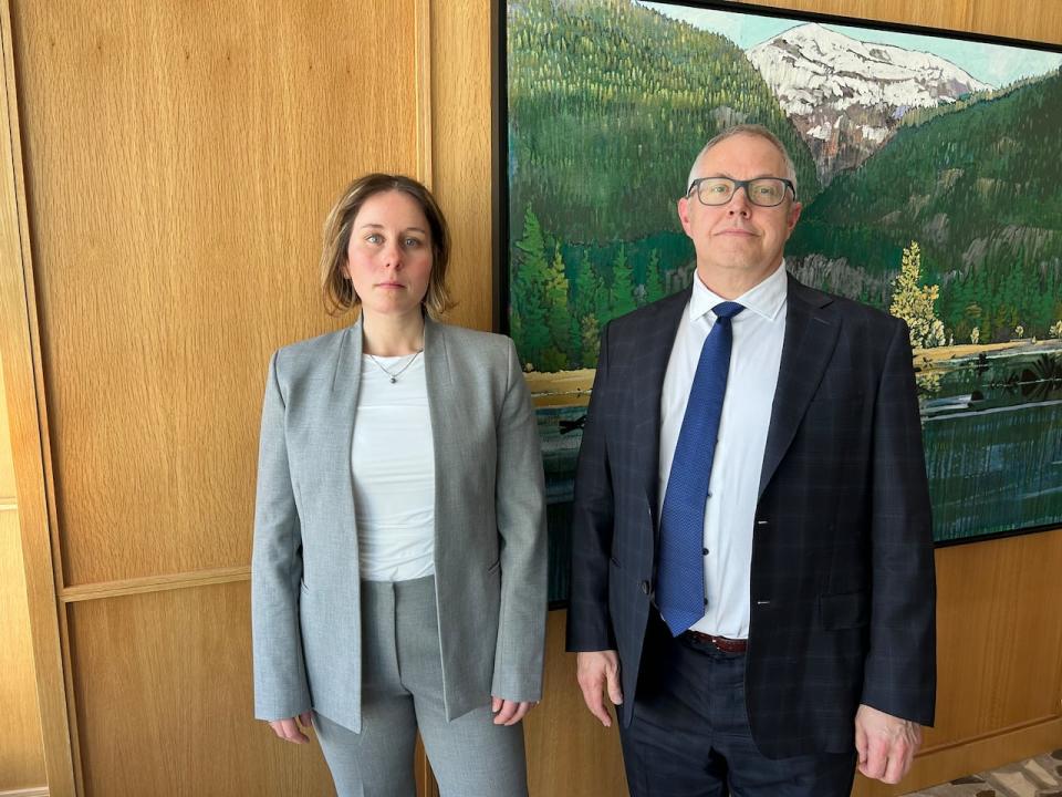 Lawyers Meagan Potier, left and David Corrigan, right, represent 16 plaintiffs who are suing the Calgary Board of Education. The plaintiffs say they were victimized by teachers Michael Gregory and Fred Archer between 1988 and 2004. 