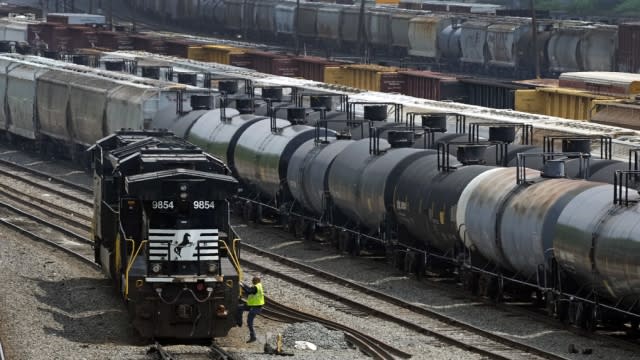 Norfolk Southern locomotives are moved.