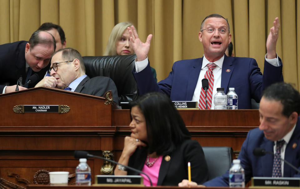 House Judiciary Committee ranking member Rep. Doug Collins (R-Ga.) speaks Thursday as Chairman Jerry Nadler (D-N.Y.) speaks with an aide during markup on a resolution on procedures &ldquo;for future hearings related to its investigation to determine whether to recommend articles of impeachment with respect to U.S. President Donald Trump.&rdquo; (Photo: Jonathan Ernst / Reuters)