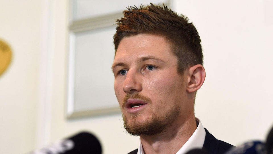 This image shows Cameron Bancroft facing the media over the 2018 ball-tampering saga.