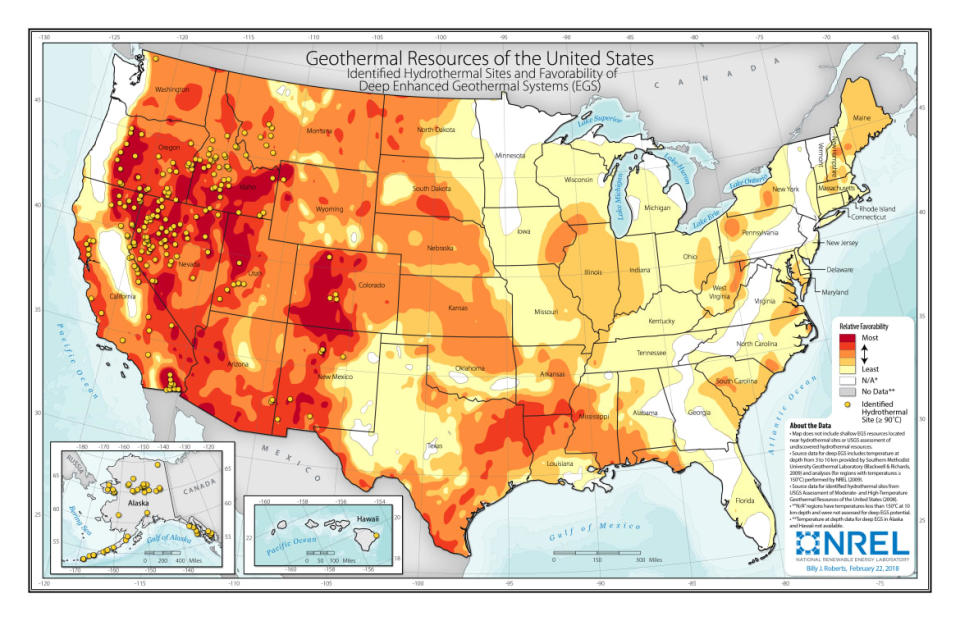 <div class="inline-image__caption"><p>Places in the Western United States hold the most promise for geothermal energy. </p></div> <div class="inline-image__credit">Illustration by Billy J. Roberts; National Renewable Energy Laboratory</div>