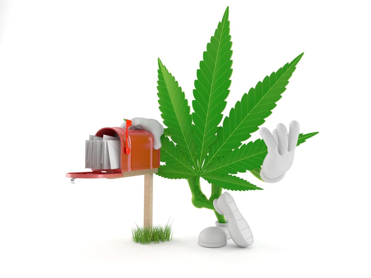 cannabis character with mailbox isolated on white background 3d illustration