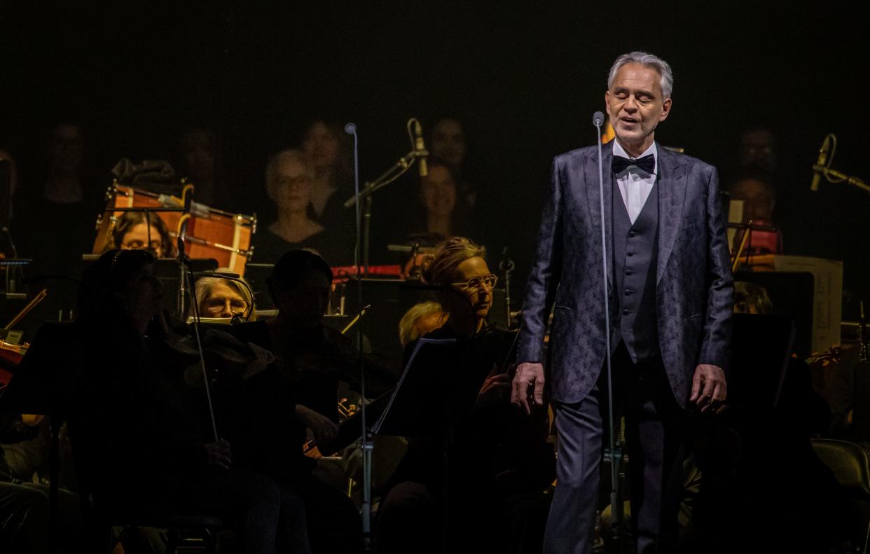 Andrea Bocelli performs at Fiserv Forum with the Milwaukee Symphony Orchestra on Saturday, April 6, 2024.