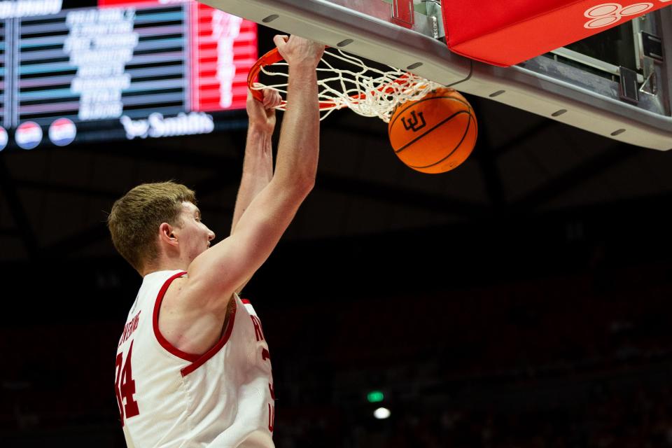 Utah Utes center Lawson Lovering (34) dunks the ball during the men’s college basketball game between the Utah Utes and the Colorado Buffaloes at the Jon M. Huntsman Center in Salt Lake City on Saturday, Feb. 3, 2024. | Megan Nielsen, Deseret News