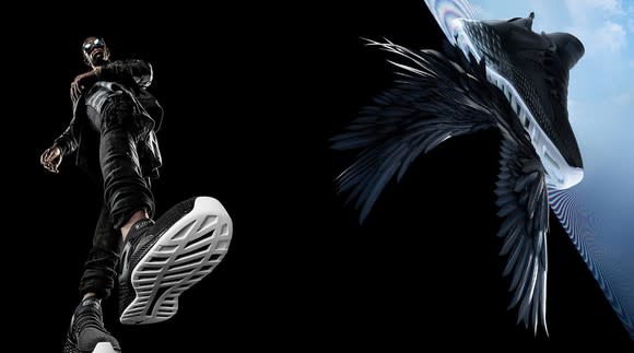 And ad for Nike Michael Jordan Formula 23 sneakers showing a man in sneakders and a sneaker on wings.