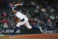 Seattle Mariners starting pitcher Logan Gilbert throws to a Cincinnati Reds batter during the seventh inning of a baseball game Tuesday, April 16, 2024, in Seattle. (AP Photo/Lindsey Wasson)