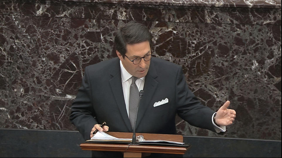 In this image from video, personal attorney to President Donald Trump, Jay Sekulow, speaks during closing arguments in the impeachment trial against Trump in the Senate at the U.S. Capitol in Washington, Monday, Feb. 3, 2020. (Senate Television via AP)