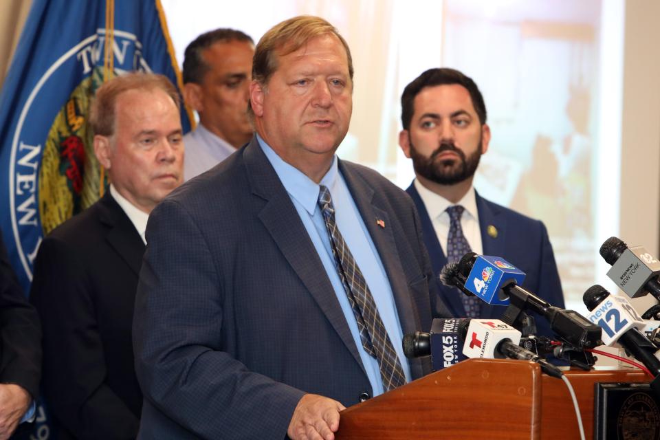 Clarkstown Supervisor George Hoehmann, along with County Executive Ed Day, Congressman Michael Lawler and local Clarkstown officials host an emergency press conference after 31 migrants, including children, were recently discovered in a 1,500-square-foot home in Clarkstown, Sept. 18, 2023 in New City.