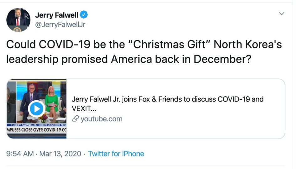 Jerry Falwell Jr. advertises his "Fox &amp; Friends" interview on Twitter. (Photo: Twitter Screenshot)