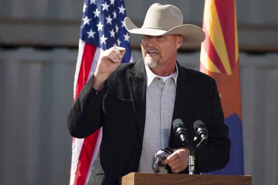 Pinal County Sheriff Mark Lamb speaks to Trump supporters before Vice President Mike Pence speaks at a rally at TYR Tactical in Peoria, Ariz. on Oct. 8, 2020.