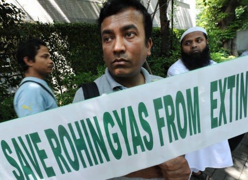 Members of the Burmese Rohingya Association in Japan (BRAJ) stage a rally calling for rights for Rohingya refugees in front of the Myarnmar embassy in Tokyo on July 9, 2012. Myanmar's president Thursday told the UN that refugee camps or deportation was the "solution" for nearly a million Rohingya Muslims in the wake of communal unrest in the west of the country