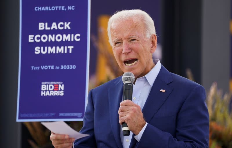 Democratic U.S. presidential nominee Joe Biden speaks at "Black Economic Summit" while campaigning in Charlotte, North Carolina