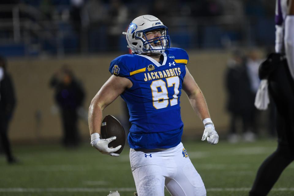 SDSU's tight end Zach Heins screams after a touchdown on Friday, Dec. 15, 2023 at Dana J. Dykhouse in Brookings.
